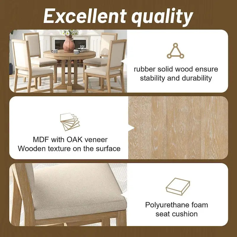 Table ronde escamotable de style campagnard avec 4 chaises rembourrées