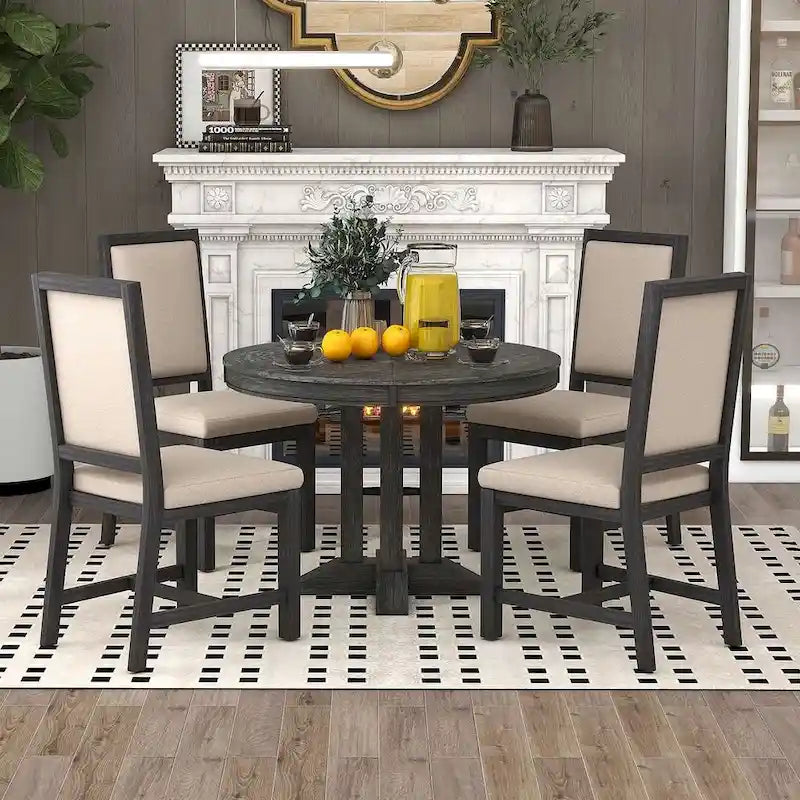 Table ronde escamotable de style campagnard avec 4 chaises rembourrées