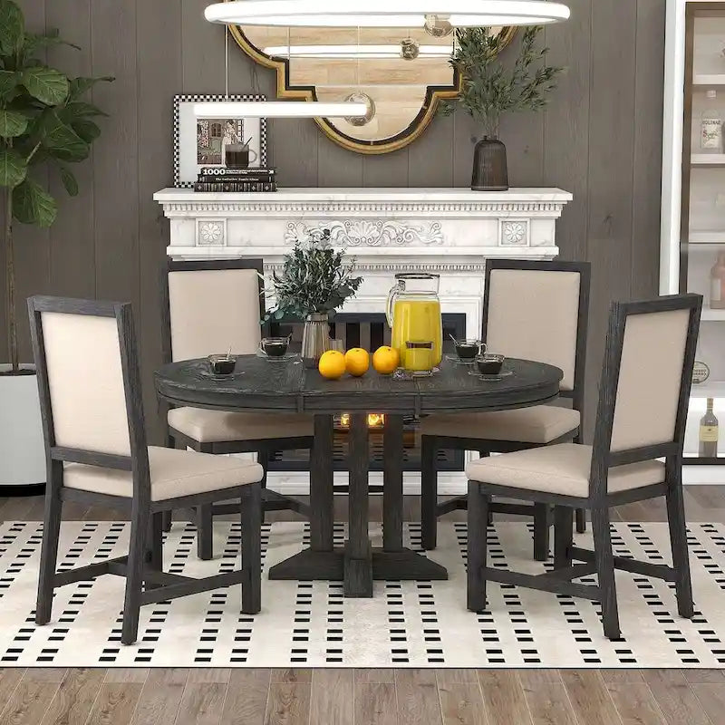 Table ronde escamotable de style campagnard avec 4 chaises rembourrées