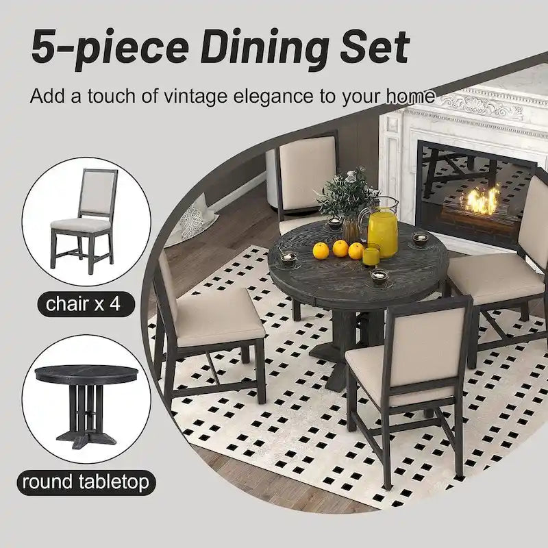 Table ronde escamotable de style campagnard avec 4 chaises rembourrées