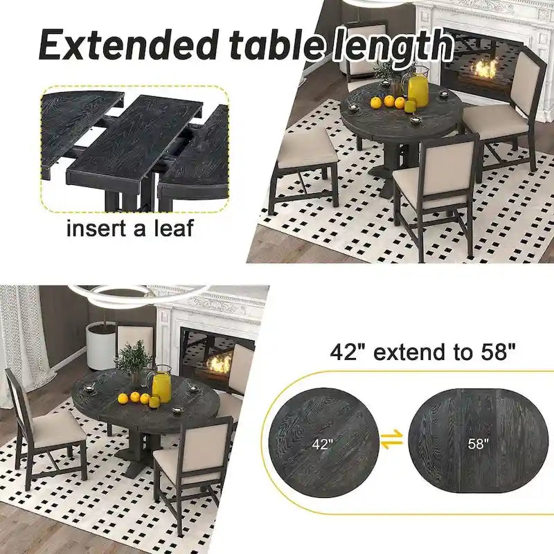 Table ronde escamotable de style campagnard avec 4 chaises rembourrées