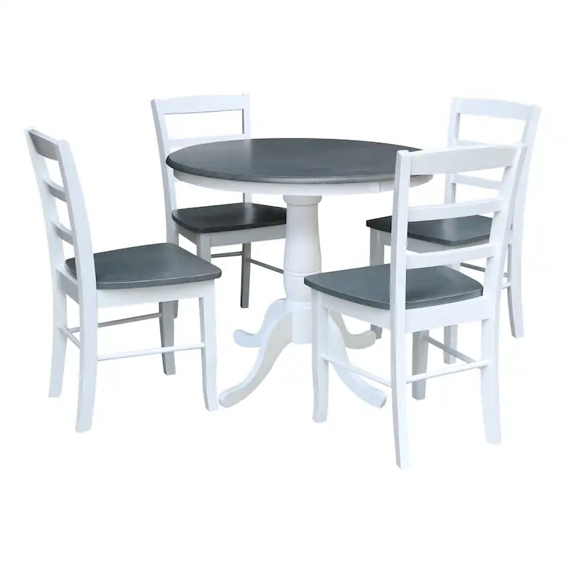 Table à manger ronde sur pied 36 po en bois massif International Concepts avec 4 chaises à dossier échelle Madrid