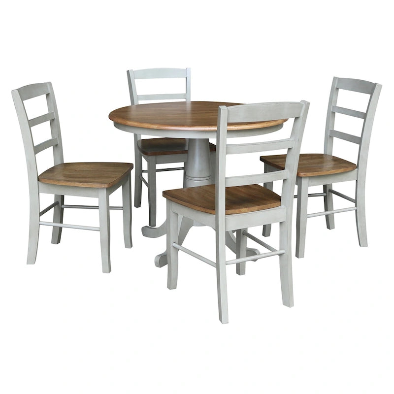 Table à manger ronde sur pied 36 po en bois massif International Concepts avec 4 chaises à dossier échelle Madrid