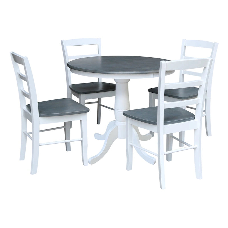 Table à manger ronde sur pied 36 po en bois massif International Concepts avec 4 chaises à dossier échelle Madrid
