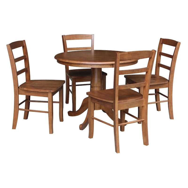 Table à manger ronde sur pied 36 po en bois massif International Concepts avec 4 chaises à dossier échelle Madrid