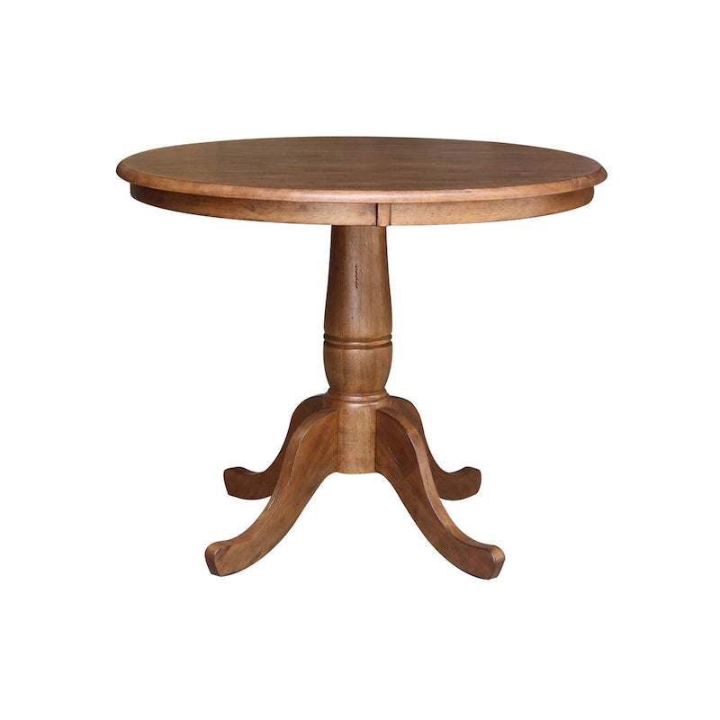Table à manger ronde sur pied 36 po en bois massif International Concepts avec 4 chaises à dossier échelle Madrid