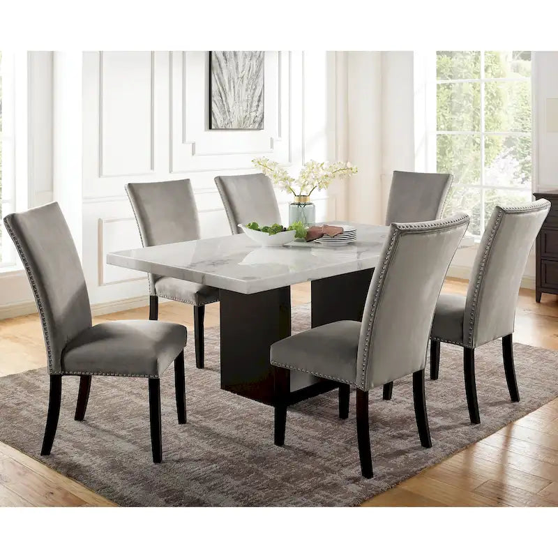 Ensemble de salle à manger 7 pièces avec plateau en marbre gris clair de Furniture of America, collection Cots Transitional