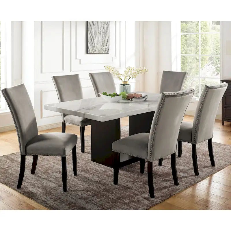 Ensemble de salle à manger 7 pièces avec plateau en marbre gris clair de Furniture of America, collection Cots Transitional