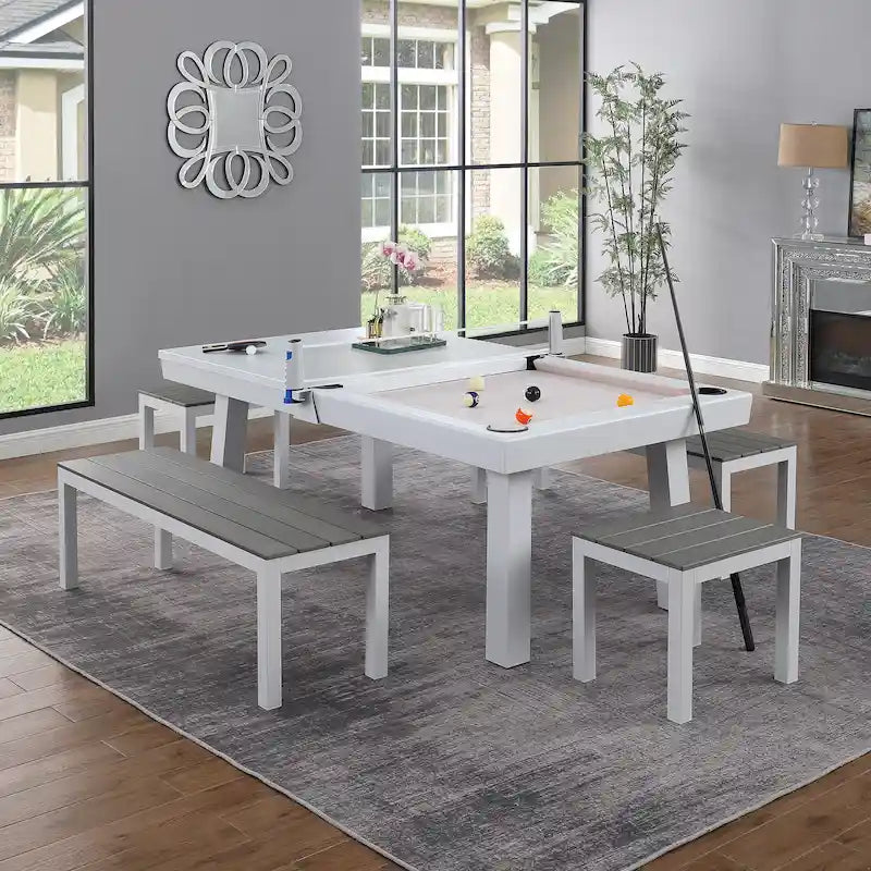 Table de billard Norwalk 2,13 m en ardoise, intérieure/extérieure, ensemble de salle à manger 6 places avec 4 bancs et accessoires, finition blanche