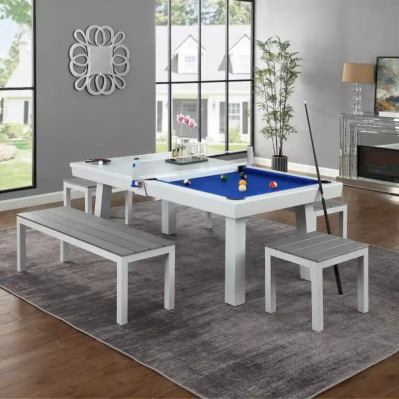 Table de billard Norwalk 2,13 m en ardoise, intérieure/extérieure, ensemble de salle à manger 6 places avec 4 bancs et accessoires, finition blanche