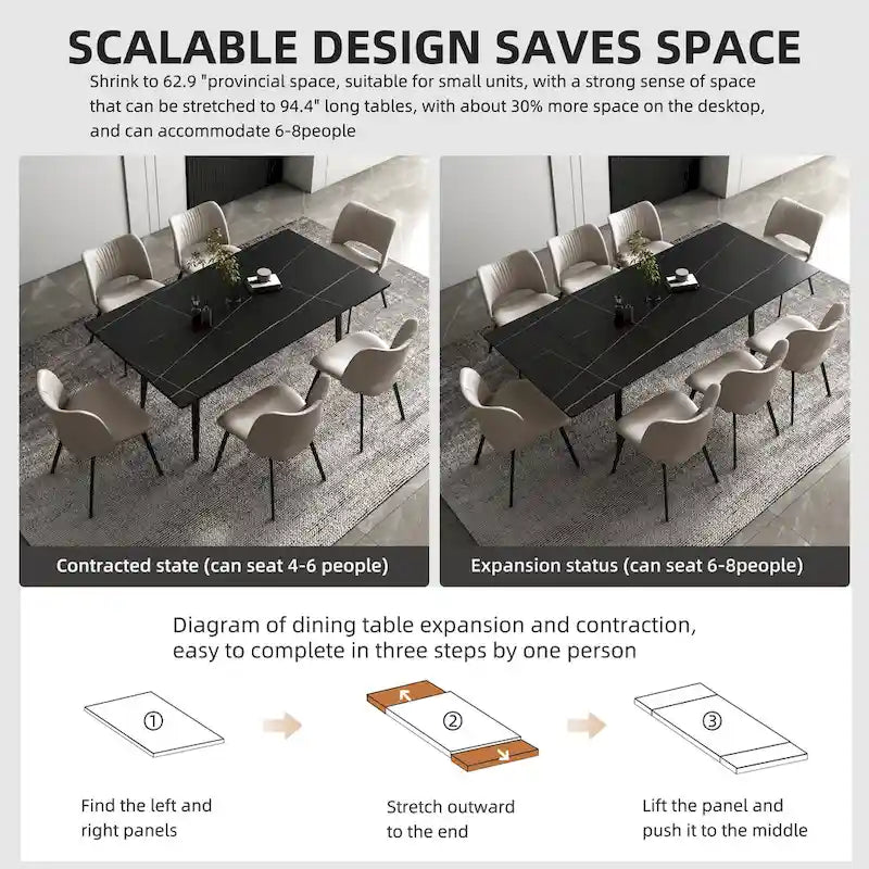 Ensemble de salle à manger extensible 7 pièces de 160 cm à 240 cm avec plateau en pierre frittée et 6 chaises