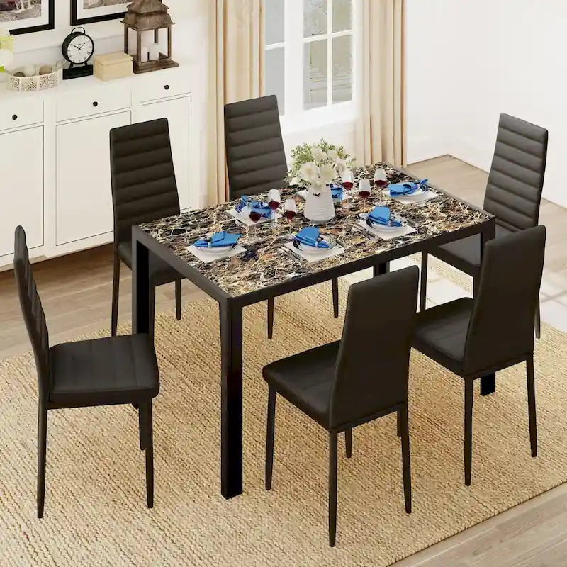 Ensemble table à manger 7 pièces avec plateau en verre pour 6 personnes et chaises en cuir PU à dossier haut
