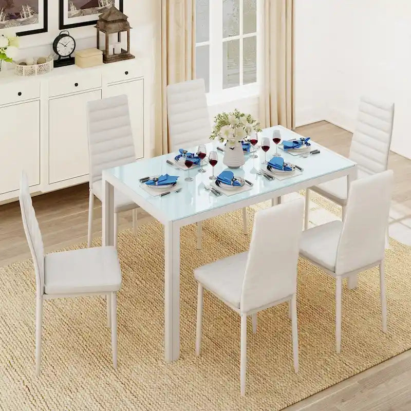 Ensemble table à manger 7 pièces avec plateau en verre pour 6 personnes et chaises en cuir PU à dossier haut