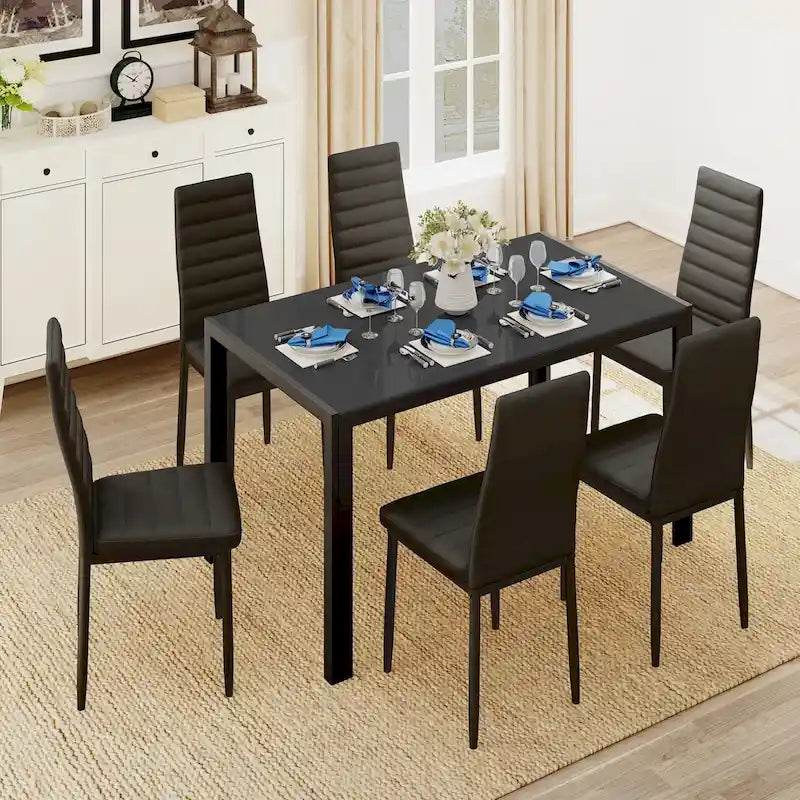 Ensemble table à manger 7 pièces avec plateau en verre pour 6 personnes et chaises en cuir PU à dossier haut