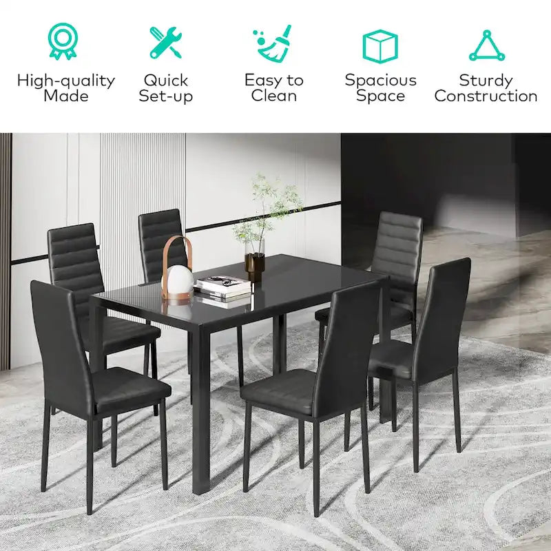 Ensemble table à manger 7 pièces avec plateau en verre pour 6 personnes et chaises en cuir PU à dossier haut