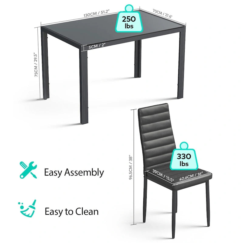 Ensemble table à manger 7 pièces avec plateau en verre pour 6 personnes et chaises en cuir PU à dossier haut