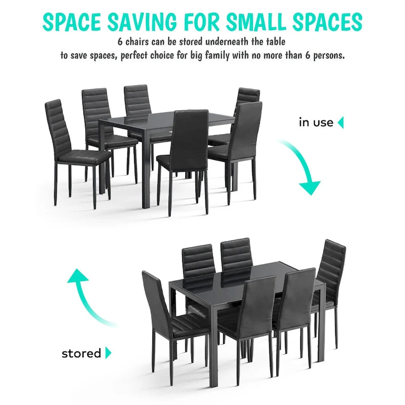 Ensemble table à manger 7 pièces avec plateau en verre pour 6 personnes et chaises en cuir PU à dossier haut