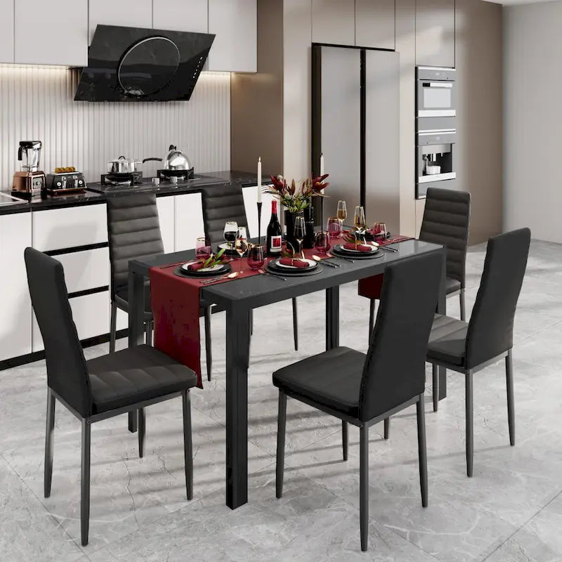 Ensemble table à manger 7 pièces avec plateau en verre pour 6 personnes et chaises en cuir PU à dossier haut