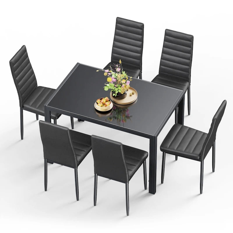 Ensemble table à manger 7 pièces avec plateau en verre pour 6 personnes et chaises en cuir PU à dossier haut