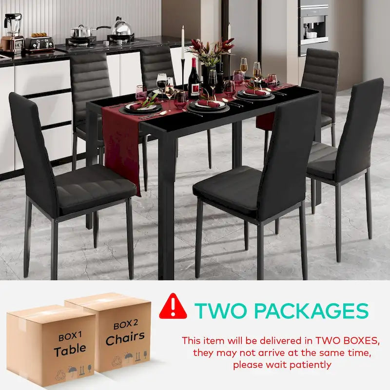 Ensemble table à manger 7 pièces avec plateau en verre pour 6 personnes et chaises en cuir PU à dossier haut