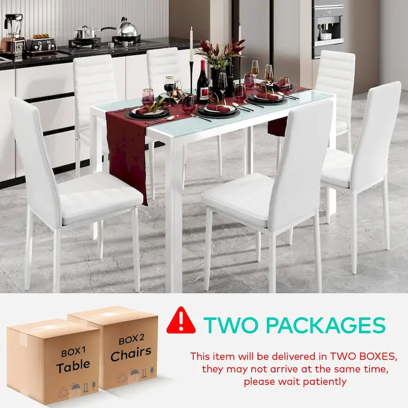Ensemble table à manger 7 pièces avec plateau en verre pour 6 personnes et chaises en cuir PU à dossier haut