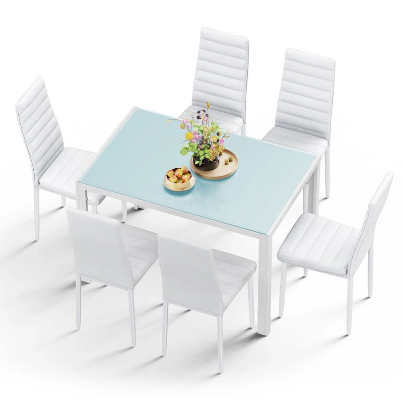Ensemble table à manger 7 pièces avec plateau en verre pour 6 personnes et chaises en cuir PU à dossier haut
