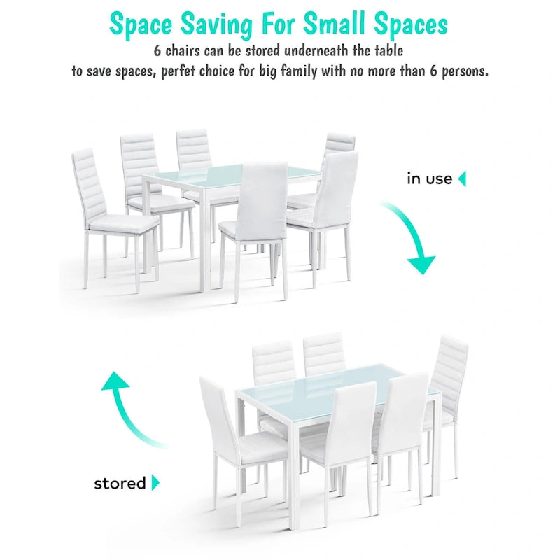 Ensemble table à manger 7 pièces avec plateau en verre pour 6 personnes et chaises en cuir PU à dossier haut