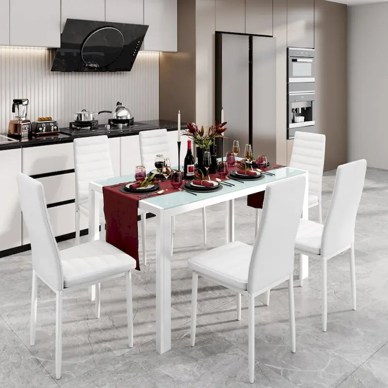 Ensemble table à manger 7 pièces avec plateau en verre pour 6 personnes et chaises en cuir PU à dossier haut