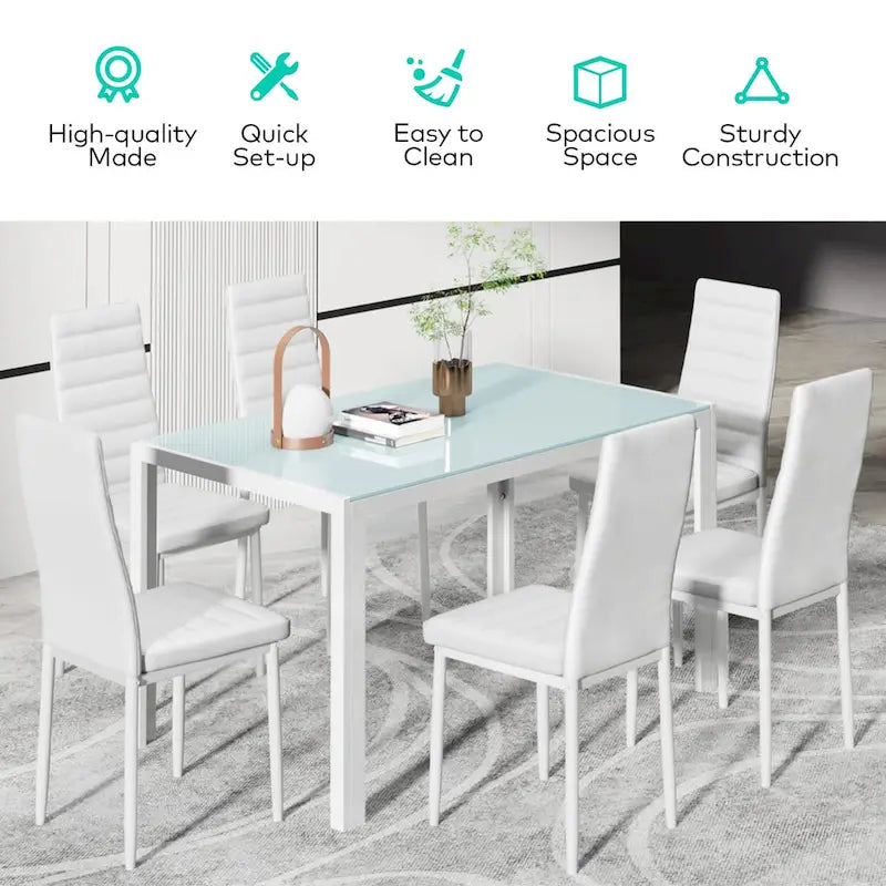 Ensemble table à manger 7 pièces avec plateau en verre pour 6 personnes et chaises en cuir PU à dossier haut