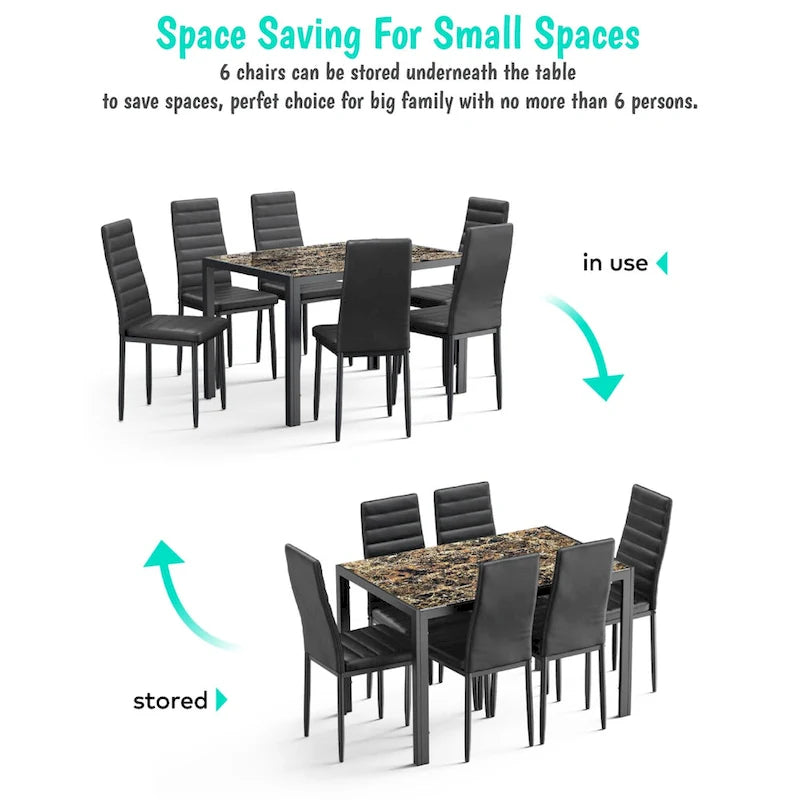 Ensemble table à manger 7 pièces avec plateau en verre pour 6 personnes et chaises en cuir PU à dossier haut