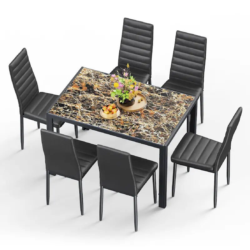 Ensemble table à manger 7 pièces avec plateau en verre pour 6 personnes et chaises en cuir PU à dossier haut