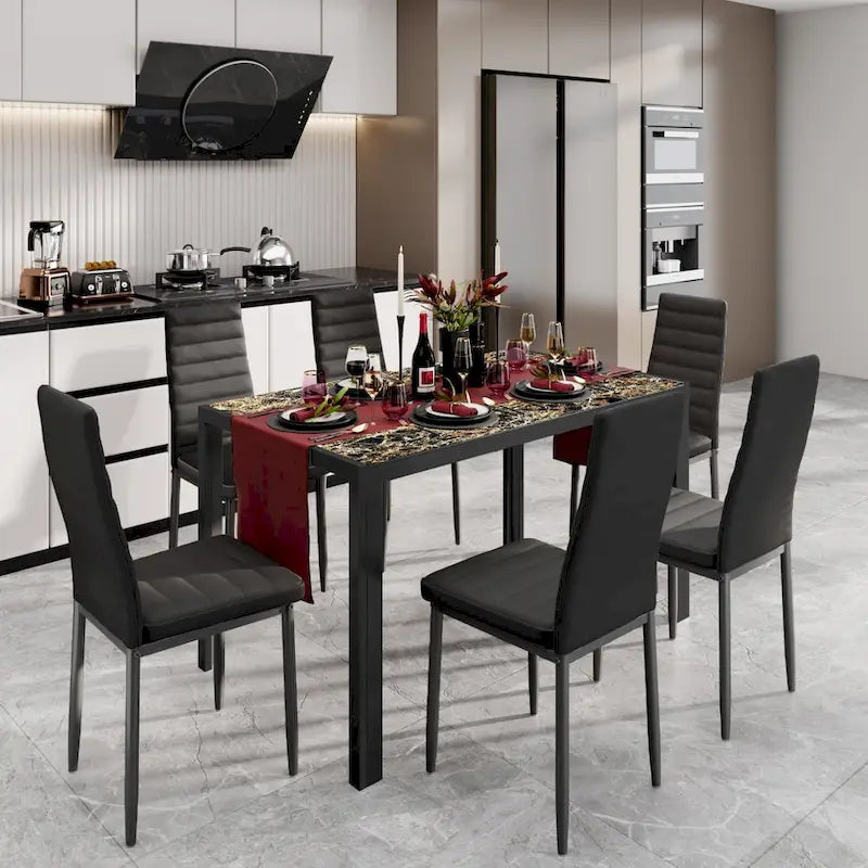 Ensemble table à manger 7 pièces avec plateau en verre pour 6 personnes et chaises en cuir PU à dossier haut