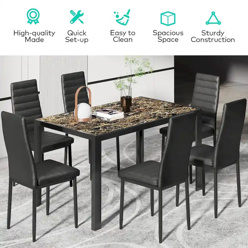 Ensemble table à manger 7 pièces avec plateau en verre pour 6 personnes et chaises en cuir PU à dossier haut