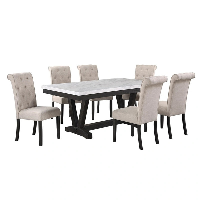 Ensemble de salle à manger 7 pièces avec plateau de table en faux marbre de la meilleure qualité