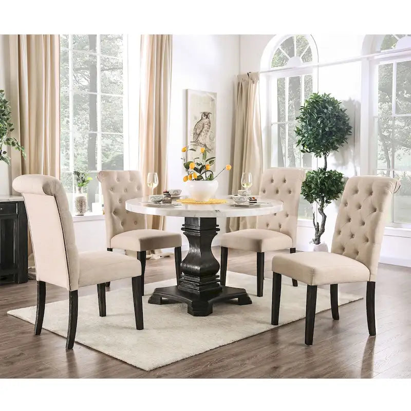 Ensemble de salle à manger rond 5 pièces Brec Farmhouse avec plateau en marbre et chaises capitonnées par Furniture of America