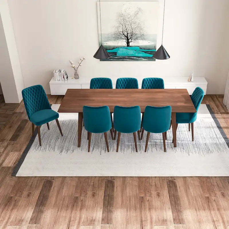 Ensemble de salle à manger rectangulaire Addison 9 pièces de style Mid-Century avec 8 chaises de salle à manger en velours turquoise