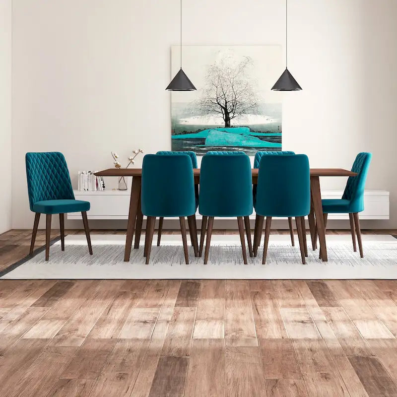Ensemble de salle à manger rectangulaire Addison 9 pièces de style Mid-Century avec 8 chaises de salle à manger en velours turquoise