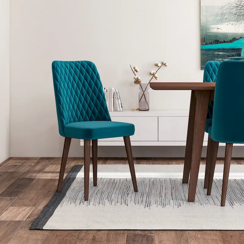 Ensemble de salle à manger rectangulaire Addison 9 pièces de style Mid-Century avec 8 chaises de salle à manger en velours turquoise