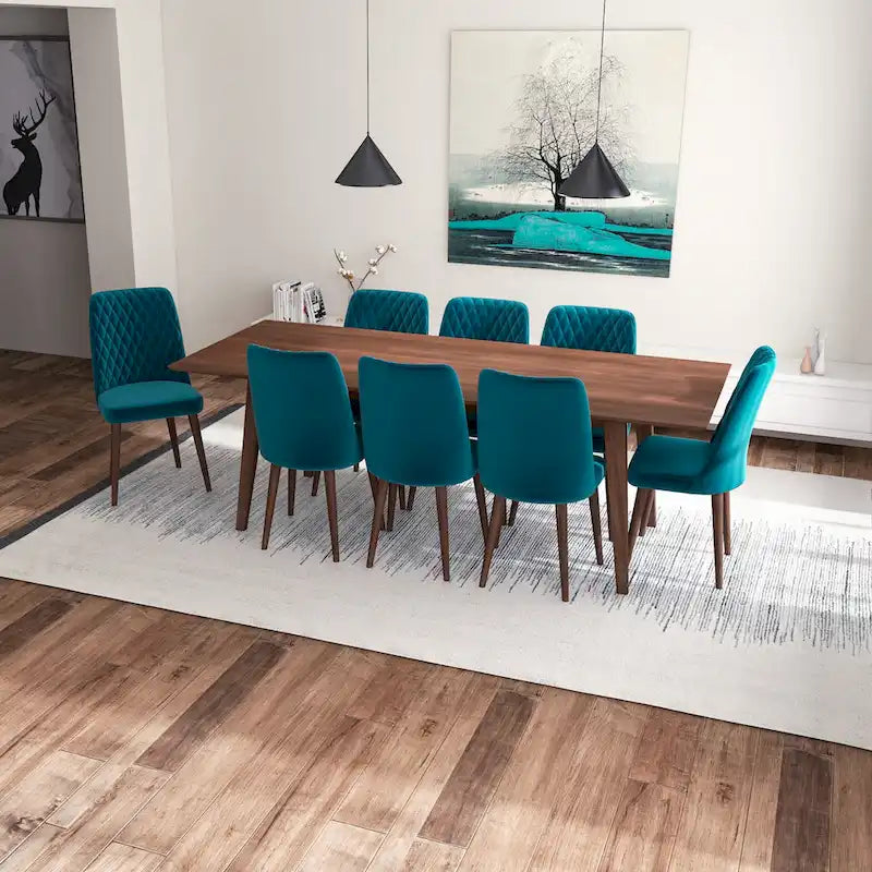 Ensemble de salle à manger rectangulaire Addison 9 pièces de style Mid-Century avec 8 chaises de salle à manger en velours turquoise