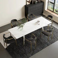 Ensemble de salle à manger 7 pièces avec table extensible en pierre frittée et 6 chaises en tissu