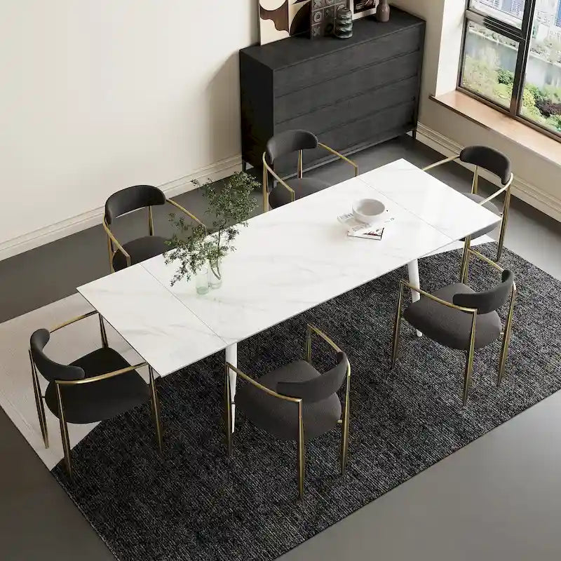 Ensemble de salle à manger 7 pièces avec table extensible en pierre frittée et 6 chaises en tissu