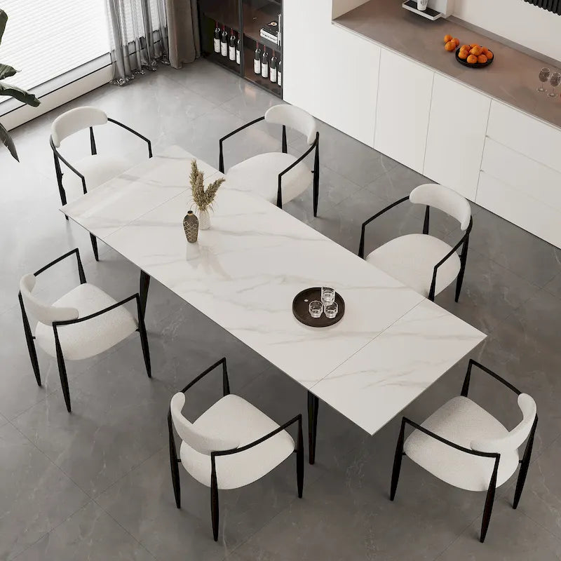 Ensemble de salle à manger 7 pièces avec table extensible en pierre frittée et 6 chaises en tissu