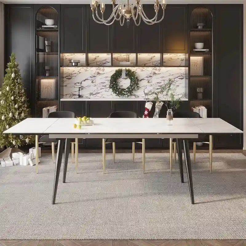Ensemble de salle à manger 7 pièces avec table extensible en pierre frittée et 6 chaises en tissu