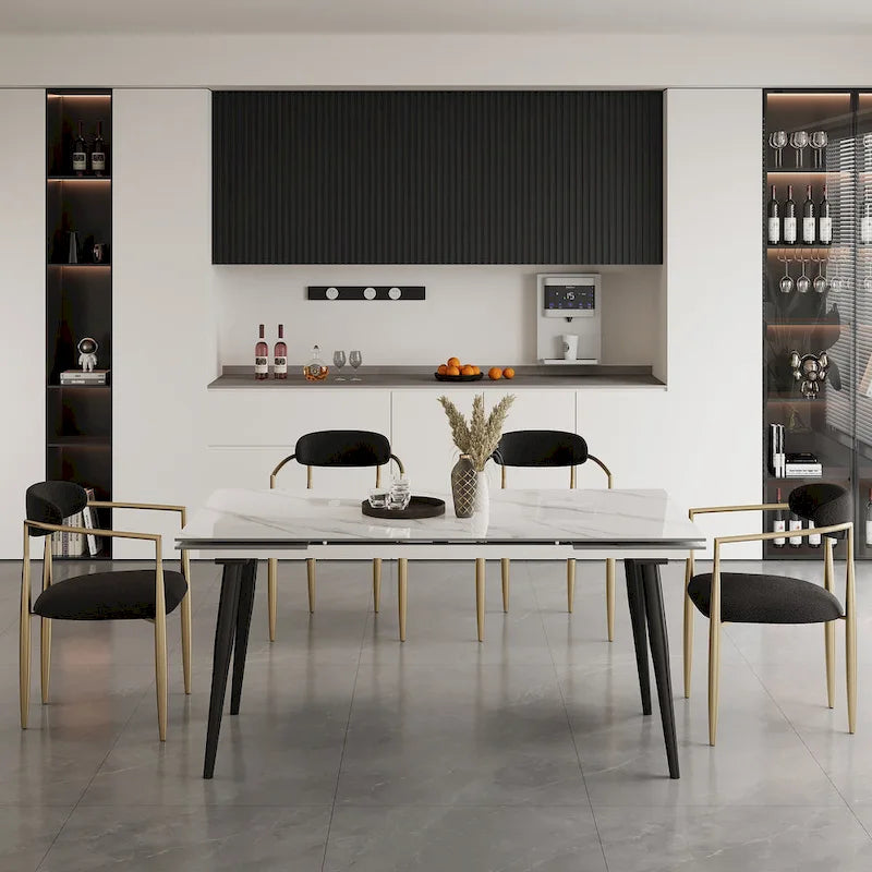 Ensemble de salle à manger 7 pièces avec table extensible en pierre frittée et 6 chaises en tissu