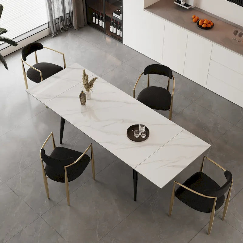 Ensemble de salle à manger 7 pièces avec table extensible en pierre frittée et 6 chaises en tissu
