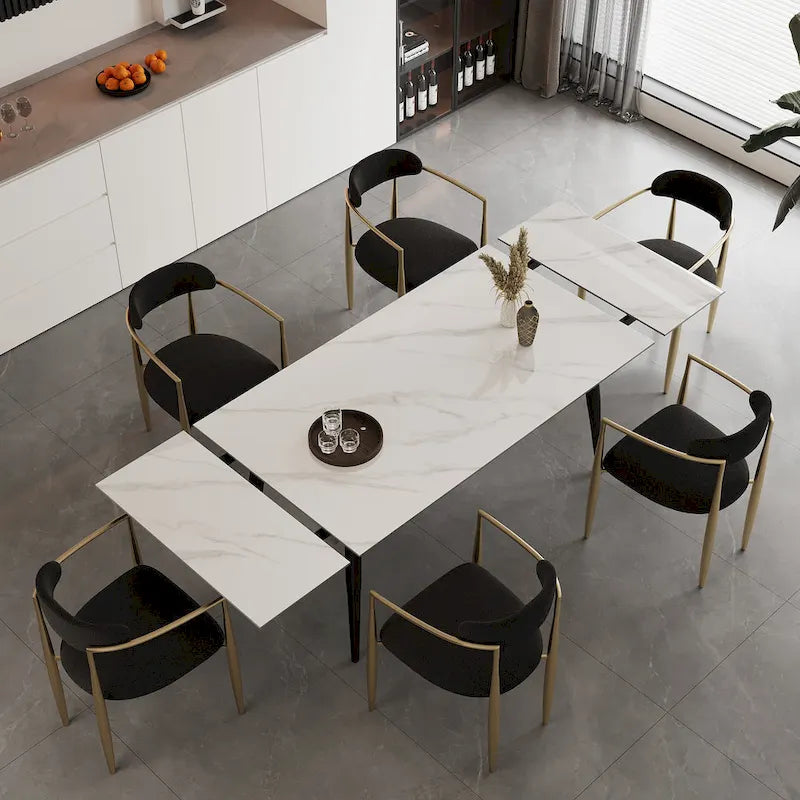 Ensemble de salle à manger 7 pièces avec table extensible en pierre frittée et 6 chaises en tissu