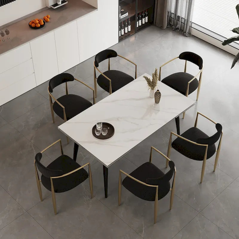 Ensemble de salle à manger 7 pièces avec table extensible en pierre frittée et 6 chaises en tissu