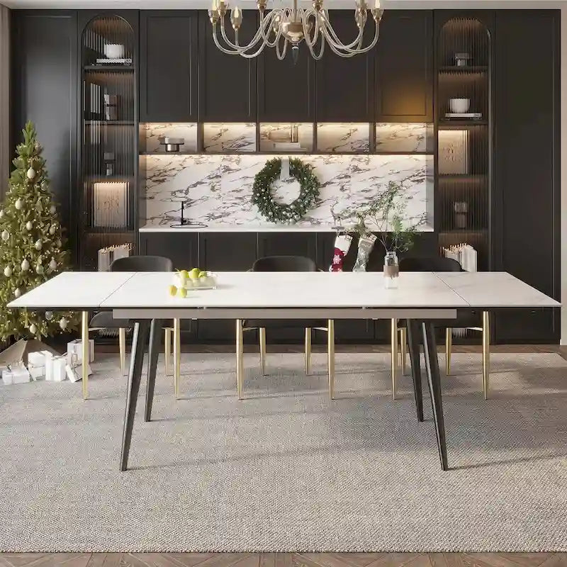 Ensemble de salle à manger 7 pièces avec table extensible en pierre frittée et 6 chaises en tissu