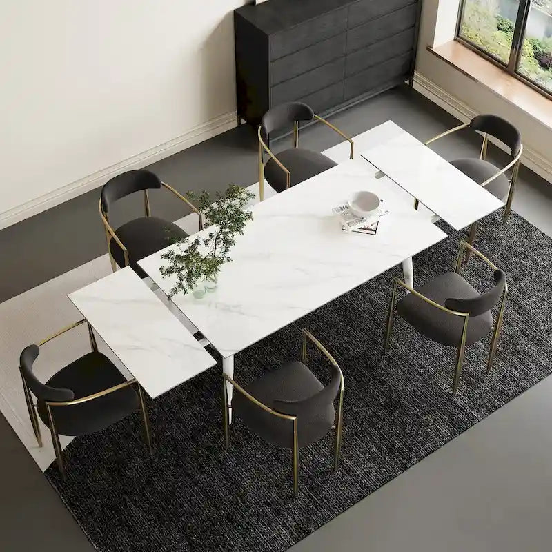 Ensemble de salle à manger 7 pièces avec table extensible en pierre frittée et 6 chaises en tissu