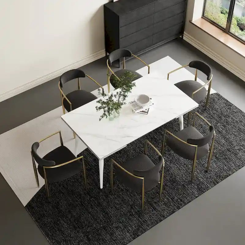 Ensemble de salle à manger 7 pièces avec table extensible en pierre frittée et 6 chaises en tissu